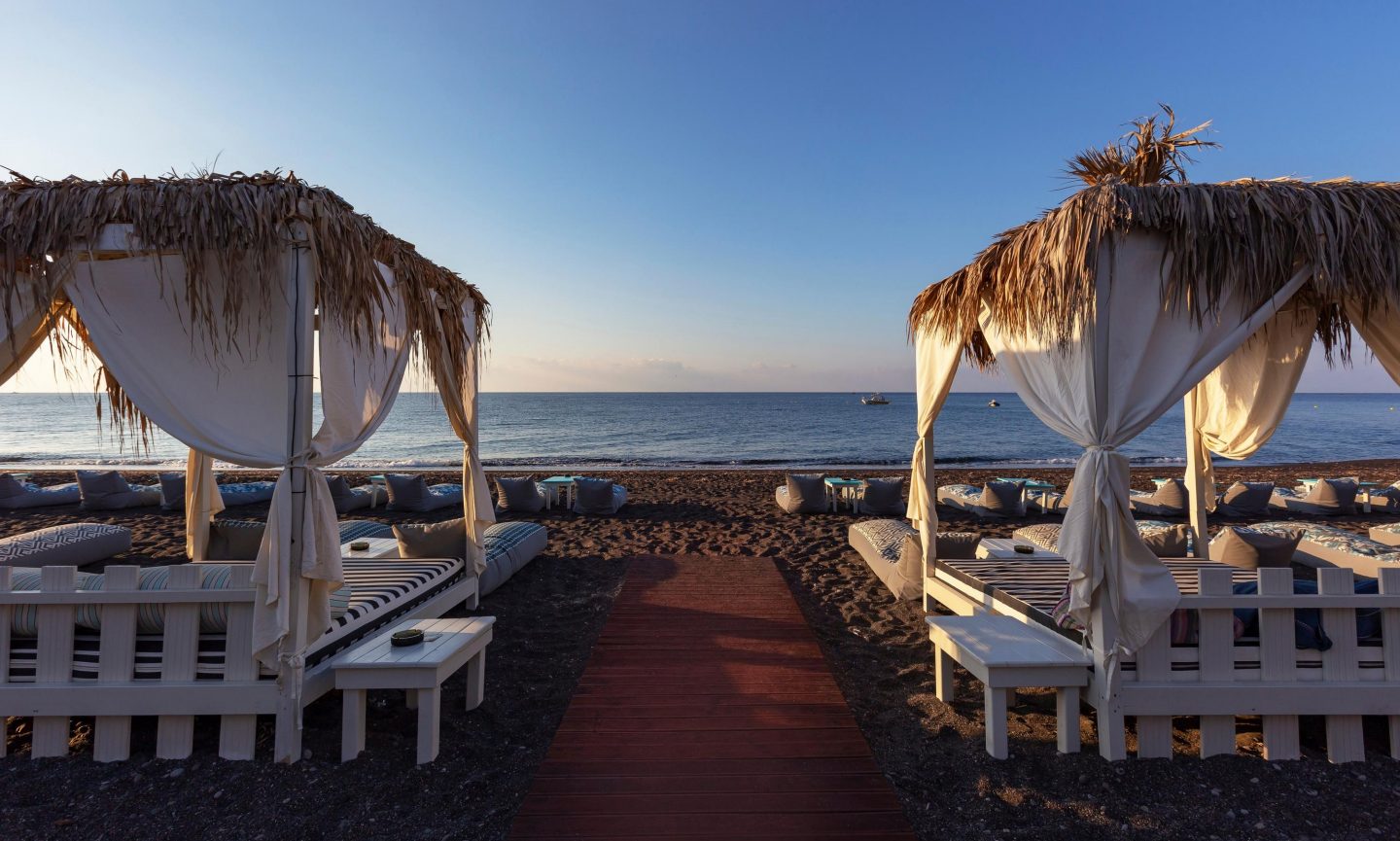 Beach lounge chair on Perivolos Beach