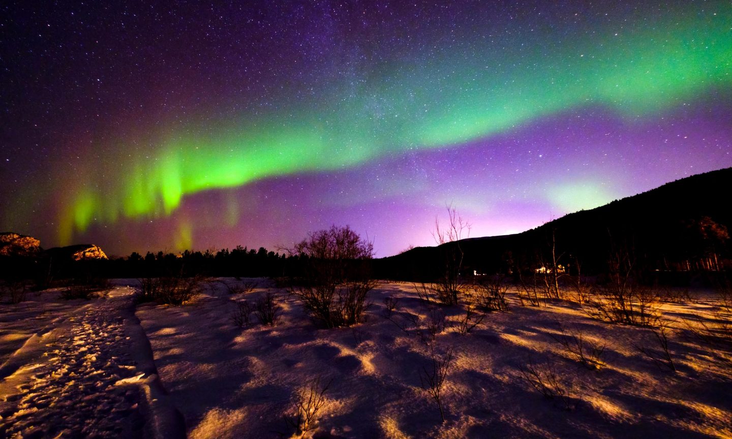 Nordlichter über schneebedeckter Landschaft in Alta