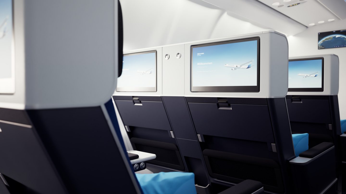 Front-seat screens in Discover Airlines’ Ocean Blue Premium Economy Class 