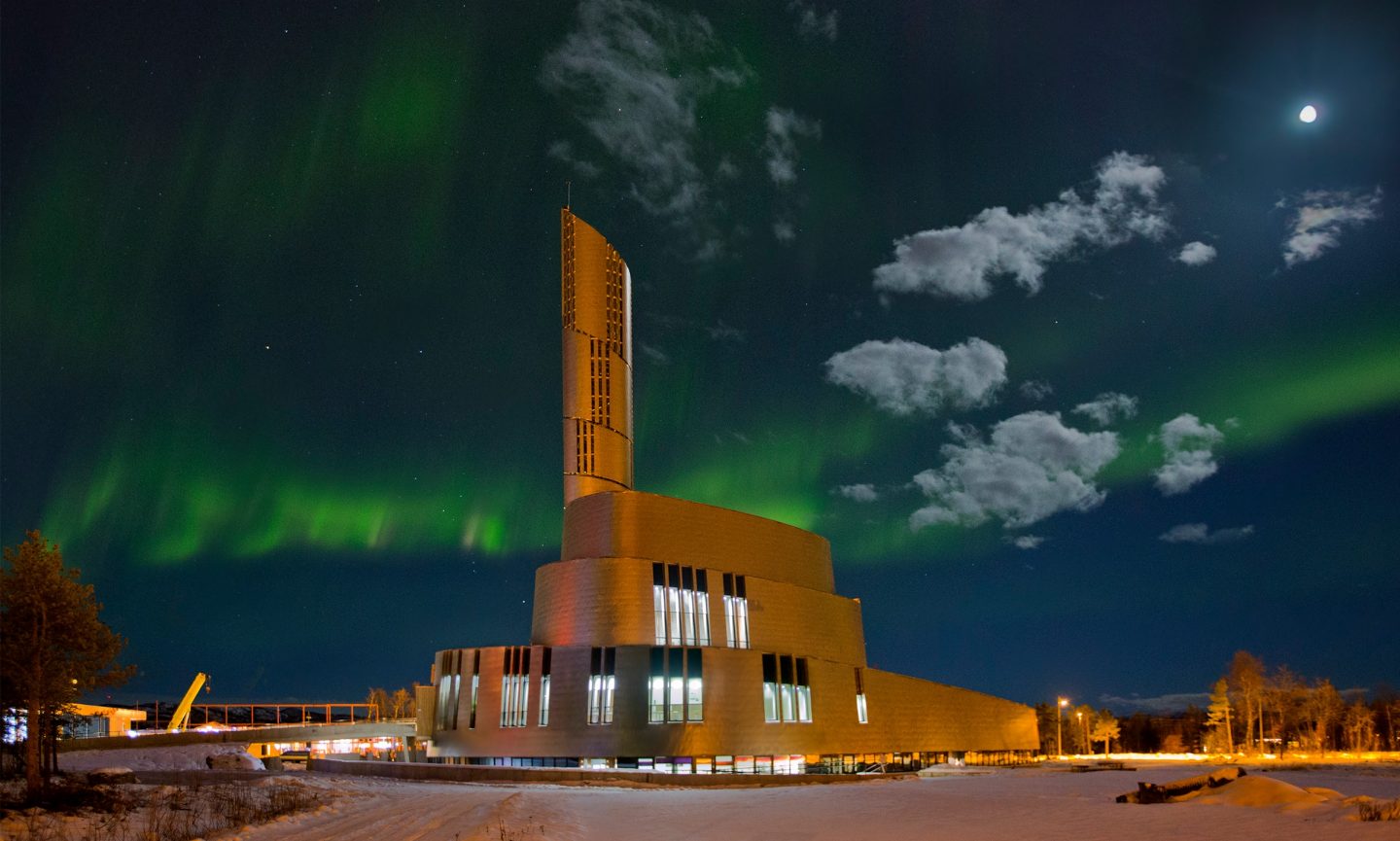 Cathedral with northern lights in the background