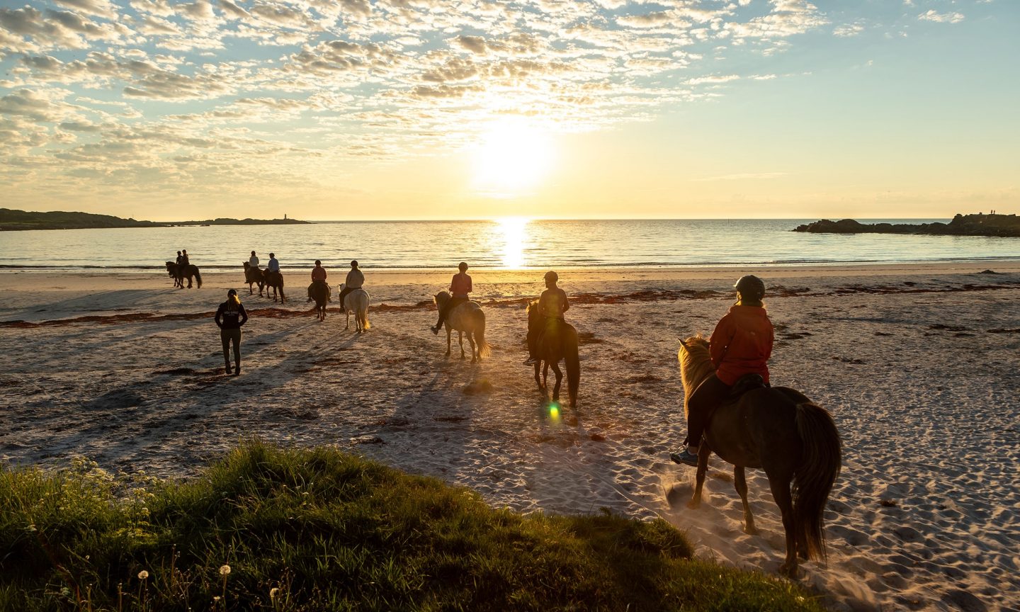 Personen reiten mit Pferden am Strand entlang bei Sonnenuntergang