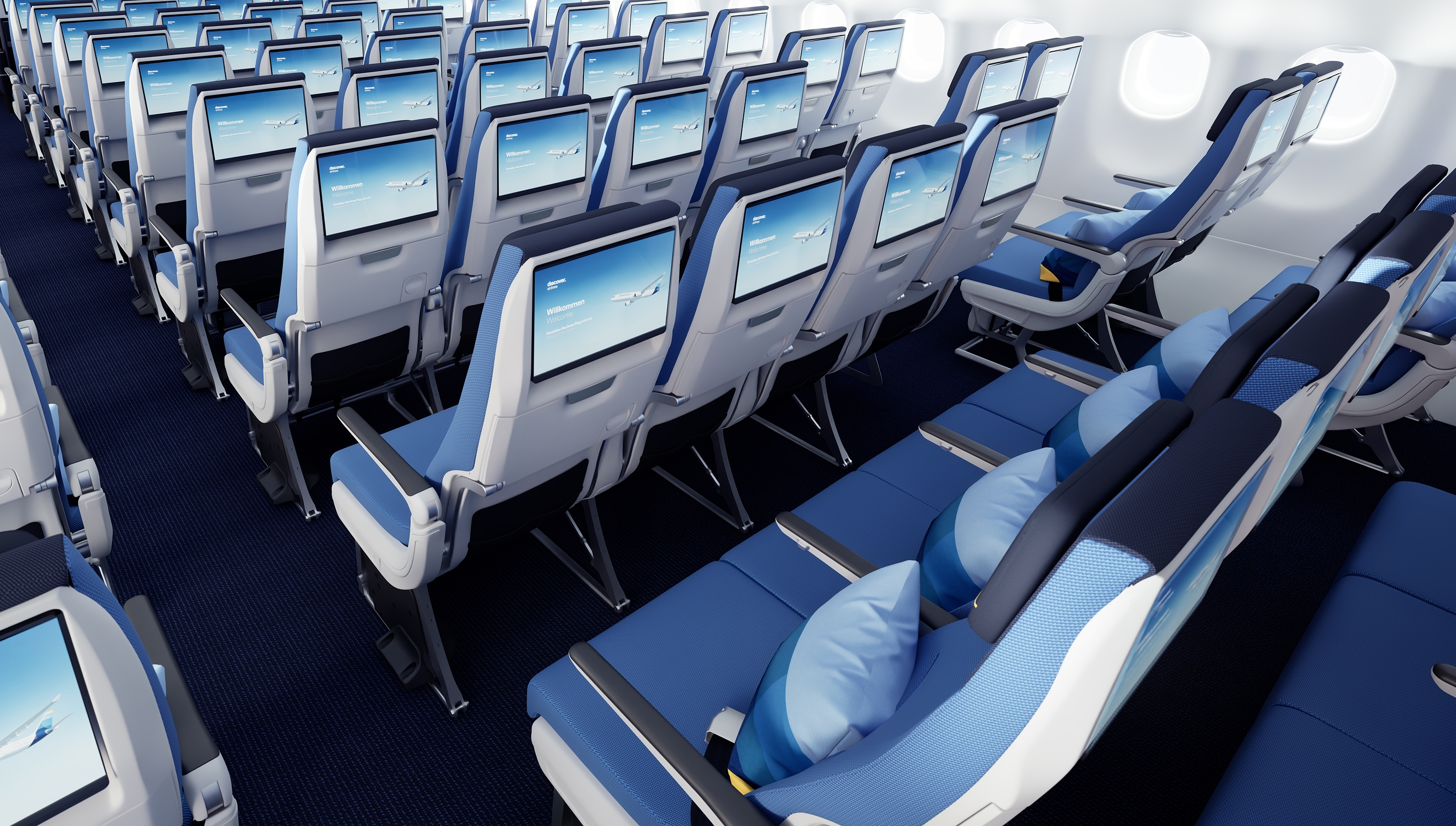 Discover Airlines Ocean Blue Economy Class seats with built-in screens