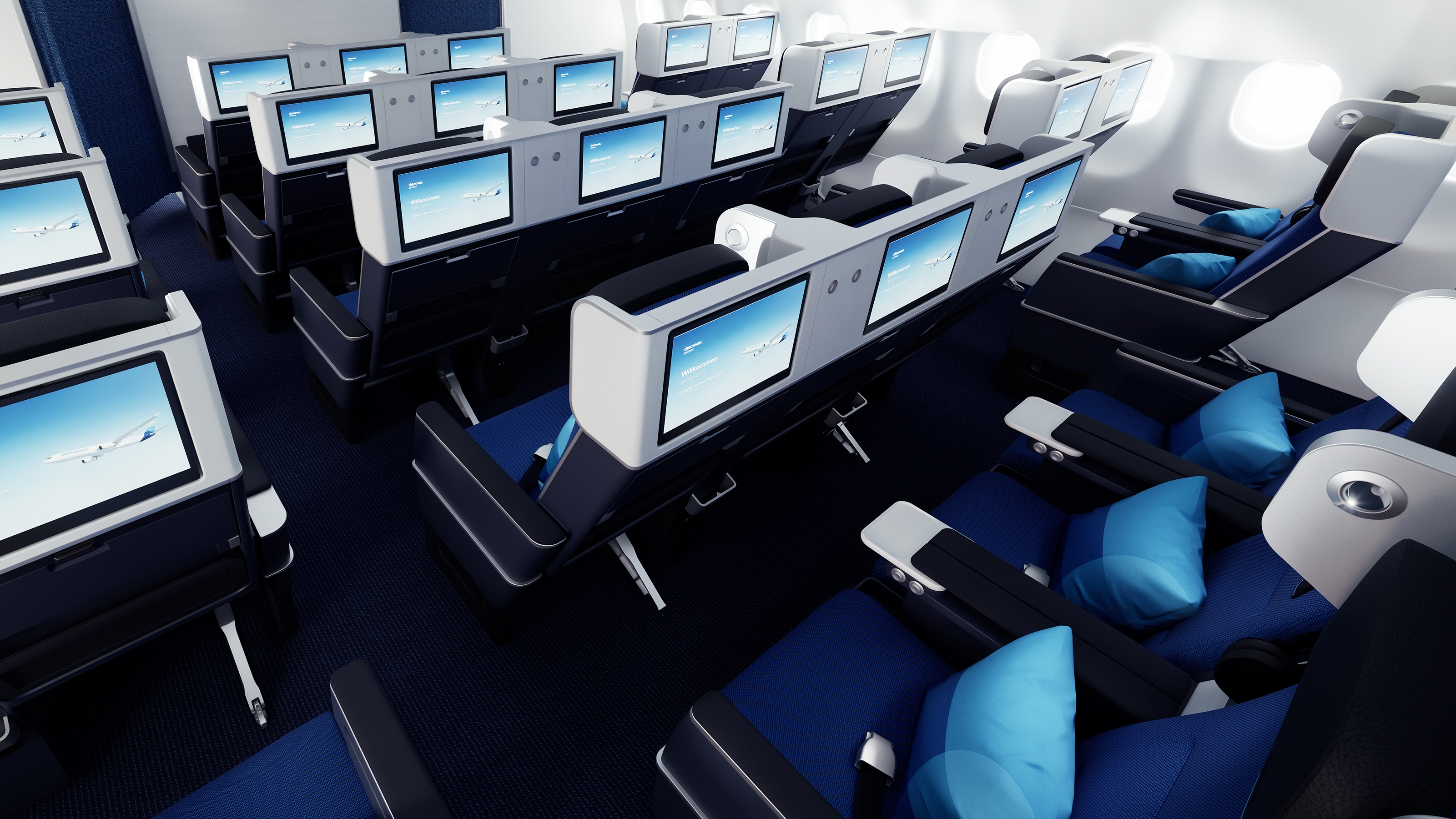 Discover Airlines Ocean Blue Premium Economy Class seats with built-in screens