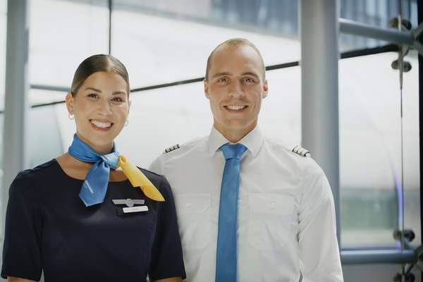 Discover Airlines Cabin Managerin und Pilot in Uniform stehen nebeneinander